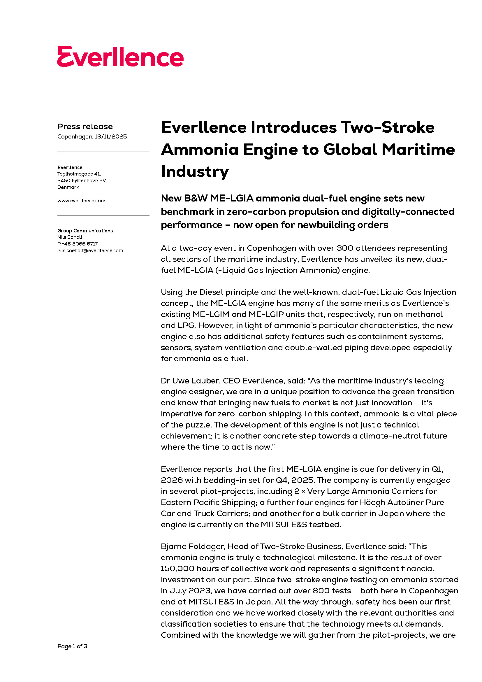 Everllence Introduces Two-Stroke Ammonia Engine to Global Maritime Industry